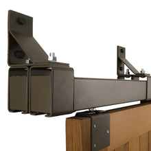 Load image into Gallery viewer, Black Box Rail 600lb Bypass Hardware installed on brown barn door